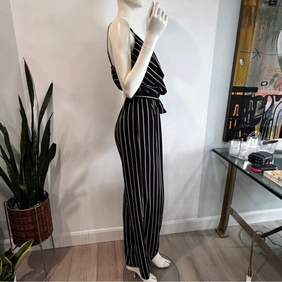 Black  White Crepe Wrap Front Wide Leg Jumpsuit - Picture 5 of 11